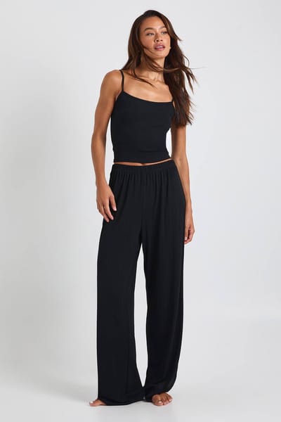 boohoo Dames Lange Pointelle Cami en Wijde Pijpen Pyjama Set | Zwart | Maat: 42