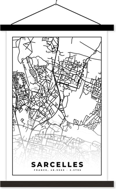 Posterhanger incl. Poster 40x60 cm - Schoolplaat - Kaart - Sarcelles - Frankrijk - Stadskaart - Plattegrond - Zwart wit - Textielposter - Zwarte latten - Stadskaart