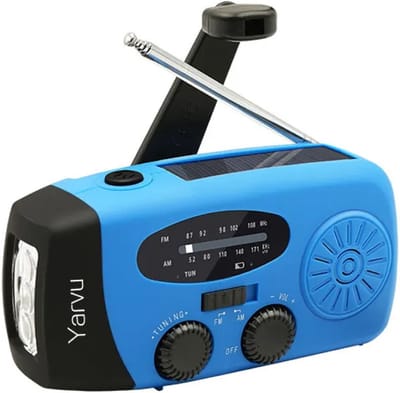Yarvu ® - 6 IN 1 Noodradio - Opwindbaar + Zonneenergie + Nood Radio Op ingebouwde Batterijen ( Accu ) - Solar - Voor Rampen - Noodpakket Draagbare - FM AM Blauw