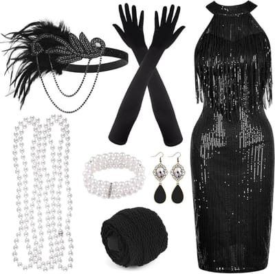 Pailletten en franjes jurk met V-hals en Gatsby-accessoires voor dames, jaren '20 stijl met veren en handschoenen