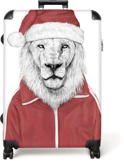 NoBoringSuitcases.com® - Koffer groot - Reiskoffer lichtgewicht - Leeuw - Vest - Kerstmuts - Wit - Rolkoffer met 4 wielen - Grote trolley XL - 98 liter bagage