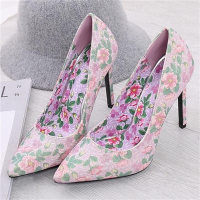 Dames Zoete 11cm Hoge Hakken Mode Bloemenprint Puntige Neus Stiletto Pumps Dame Graffiti Groen Bruiloft Feest Fetisj Schoenen 36 paars