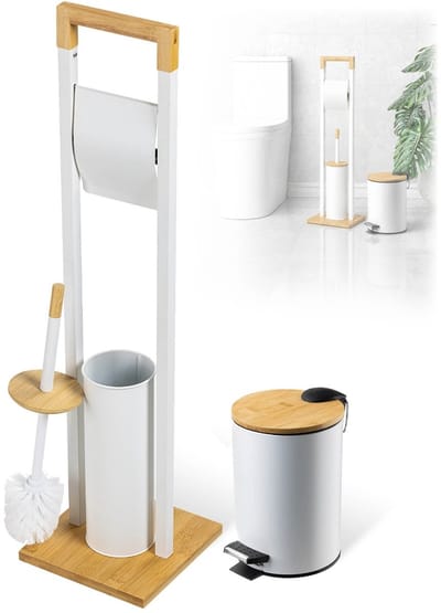 KADAX toiletrolhouder met geïntegreerde wc-borstel en afvalbakje, staande toiletrolhouder met wc-borstel, toiletrolhouder (wit)