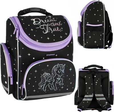 Eenhoorn Holo Zwarte, verstijfde, Schoolrugzak voor Meisjes, Boekentas 37x32x22 cm met een verstevigde rug.