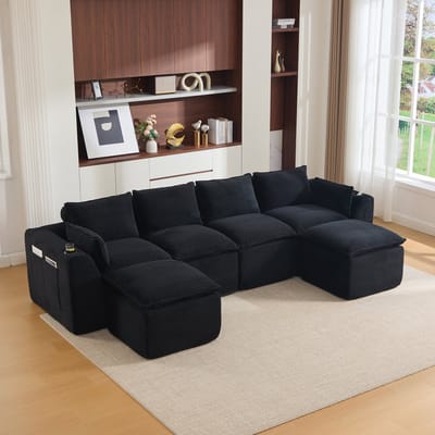 MIVRAY Modulaire Hoekbank 322 x 161 cm - Vrij Combineerbaar Met Zijvakken En Kussens - Voor Woonkamer En Kantoor - Cord Zwart