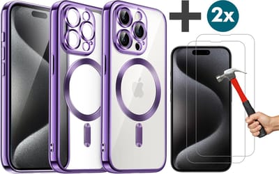 Hoesje met 2 Stuks Screenprotectors Geschikt voor iphone 15 Pro Max Hoesje - Geschikt voor MagSafe - Arara siliconen Backcover - Paars