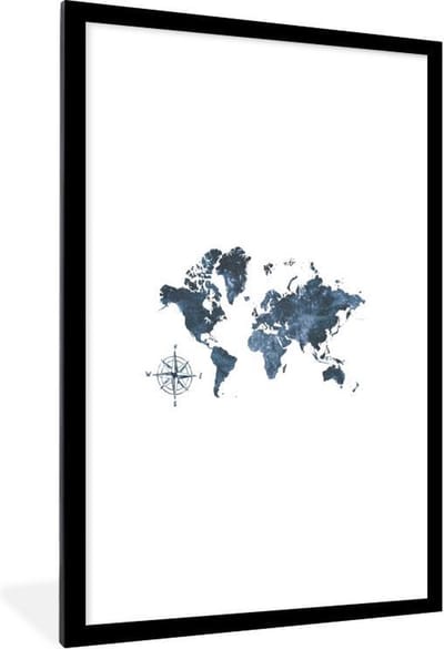 Poster in lijst - Fotolijst 60x90 cm - Posters - Wereldkaart - Kompas - Glitter - Posterlijst zwart - Decoratie - Wanddecoratie woonkamer - Muurdecoratie slaapkamer