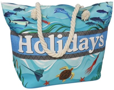 Gerimport strandtas - Holiday en zeediertjes - blauw - touw handvat - 19 x 51 x 34 cm