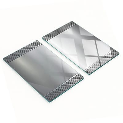 Glazen serveerplanken voor in de keuken met afbeeldingen en metalen achtergrond, 2x30x52 cm