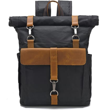 DE LAMASSU® Vintage Canvas Rugzak 15 Inch Laptop – Rolltop Backpack – Waterafstotend – Canvas & Echt Leer – 32x12x45-58 cm – Unisex