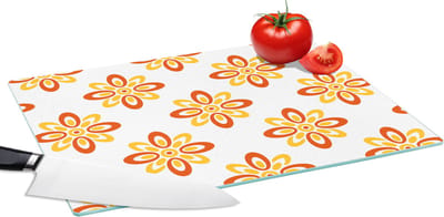 Glazen Snijplank - 39x28 - Patroon - Jaren 70 - Bloemen - Oranje - Snijplanken Glas