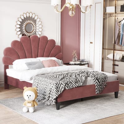 KOMHTOM Tweepersoonsbed 140x200 cm met gebloemd hoofdeinde Bed volwassenen in zacht fluweel Gastenbed in bonenrood