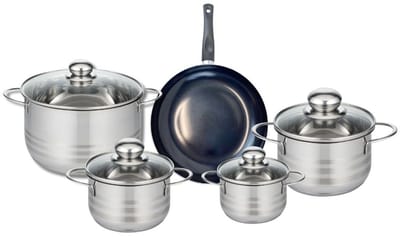 Set van 1 Koekenpan 20 cm en 4 kookpotten 12, 14, 16 en 20 cm Elo Prima Glanzend