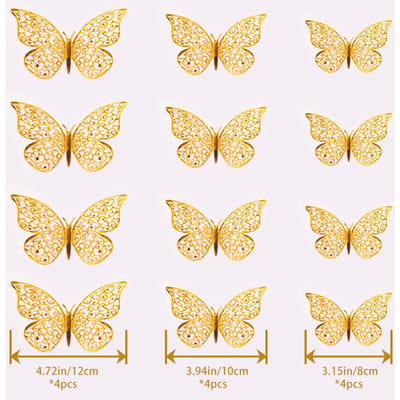 12pcs/set 3D metallic gold hollow butterfly wall with 3D simulation butterfly home stickers decorate the party wedding layout
