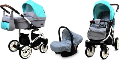 BabyLux® Kinderwagen 3in1 – OPTIMAL - SILVER MINT WHITE FRAME - Opklapbare Wandelwagen incl. Reiswieg, Multifunctionele Buggy Sportstoel, Autostoel - Combi-kinderwagen met Luiertas, Regenhoes, Klamboe, Bekerhouder, etc.