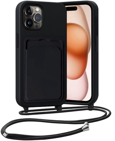 Hoesje Geschikt voor iPhone 14 Pro Hoesje Met Telefoonketting Pasjeshouder Case Koord - Hoesje Geschikt voor iPhone 14 Pro Hoes Met Kaarthouder - Zwart
