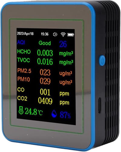 Luchtkwaliteitsmeter - Luchtmonitor Detector - Binnenlucht Meten - 12-in-1 WiFi Connectie - 90x70x35 mm - Zwart Blauw