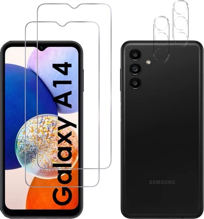 Screenprotector geschikt voor Samsung Galaxy A14 - 2 stuks Beschermglas van glas Transparante glazen schermbeschermfolie + 2 stuks Camera Protector