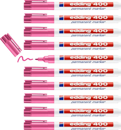 edding 400 permanent marker - roze - 10 stiften - ronde punt 1 mm - watervast, sneldrogend - wrijfvast - voor karton, kunststof, hout, metaal, glas