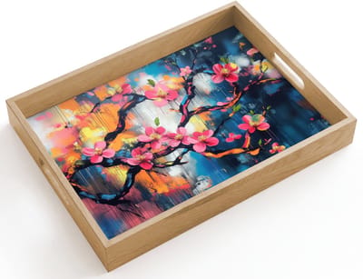 Dienblad hout 40x30 cm - Schootdienblad - Bloemen - Tak - Artistiek - Roze - Borrelplank rechthoek - Plateau dienbladen