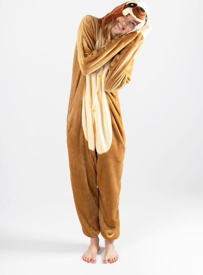 KIMU® Onesie Luiaard Pak - Maat XS-S of 152-158 - Luiaardpak Kostuum Bruin Sloth - Jungle Pyjama Jumpsuit Huispak Dierenpak Dames Heren Festival