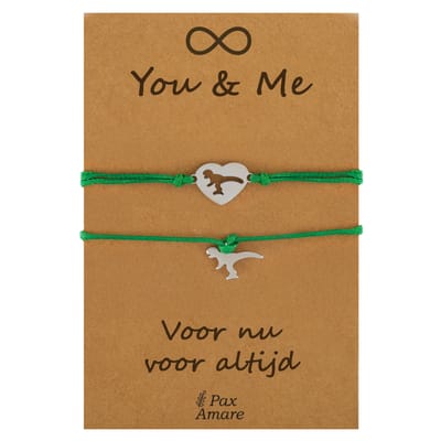 Vriendschapsarmbandjes voor 2 " You & Me ∞" - Verschillende Dino's - BFF Armbandjes met Persoonlijk Cadeau Kaartje - Zilverkleurig & Groen - Elastisch Verstelbaar - Pax Amare