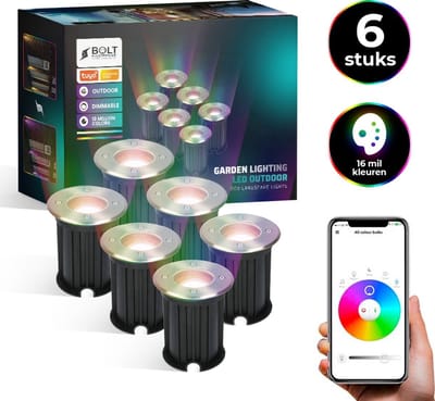 Bolt Electronics Grondspots – LED Spots – Buitenlamp – Tuinspots – Tuinverlichting Lamp – Tuinlamp – Waterdicht – Dimbaar – Bluetooth – RVS – 5.5 Watt – 230V – Besturing via app – 6 stuks