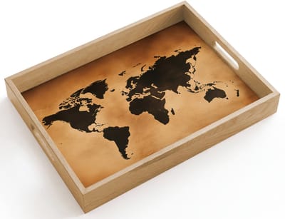 Dienblad hout 40x30 cm - Schootdienblad - Wereldkaart - Bruin - Kaart - Borrelplank rechthoek - Plateau dienbladen