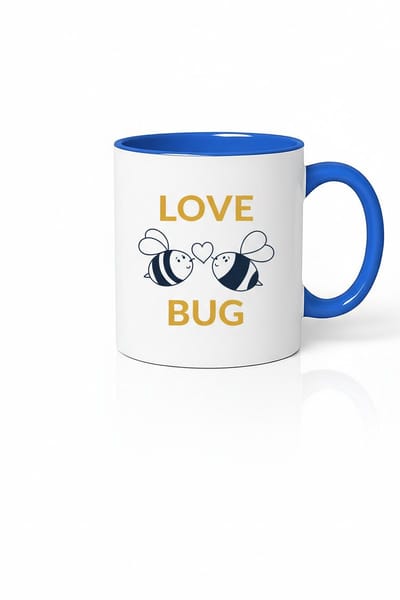 Koffiemok 'Love Bug' met Lieve Bijen en Hartje - Wit & Blauw Design Keramische Mok, Ideaal Cadeau