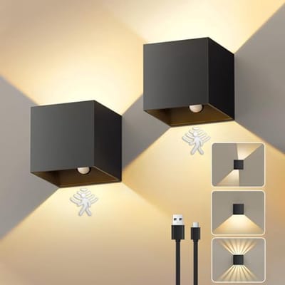 Draadloze Dimbare Led-wandlamp voor Binnen met Bewegingsmelder - Modern Zwart Aluminium (2PCS)
