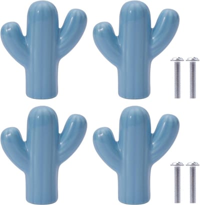 4 Stuks Ceramische Deurgrepen in Cactusvorm - Handgrepen voor Kinderkamer, Keuken, Kasten en Boekenkasten (Blauw)