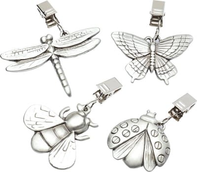 KC Blue Vintage Tafelkleedgewichtjes met Clips - Tinnen Insectvormige Tafelkleedgewichten (Set van 4) - Tin