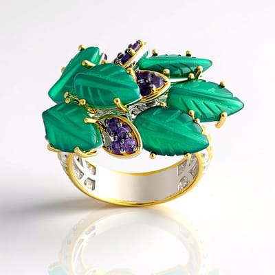 Cavill - Elegante Cluster Ring - 7,992 Ct Groene Agaat & 0,535 Ct Amethist - 925 Sterling Zilver Palladium Afwerking - Dames