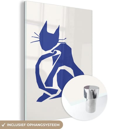 MuchoWow® Glasschilderij 120x160 cm - Schilderij acrylglas - Kat - Huisdieren - Blauw - Matisse - Foto op glas - Schilderijen