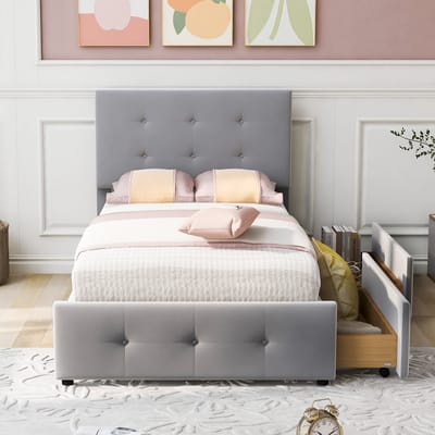 KOMHTOM Eenpersoonsbed Bed 90x200 cm met laden voor volwassenen en tieners Grijs