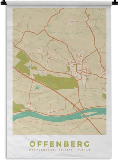 Wandkleed - Wanddoek - Vintage - Stadskaart - Offenberg - Kaart - Plattegrond - 120x180 cm - Wandtapijt