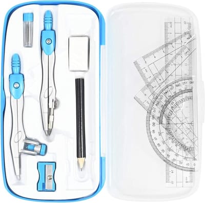 Geometrie Set - Tekenset Ruiters - Wiskunde Leren - Metaal Kompas - 10 Delig - Blauw