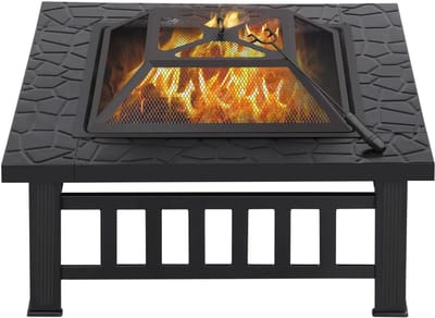 VIN® Vuurkorf Met Vonkenscherm - Vuurkorf - Vuurhaard Met Deksel - Vierkante Terrashaard - Openhaard - Vuurton - Vuurmand Op Voeten - Kachel – Buitenhaard - 81 x 81 x 37 cm