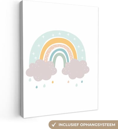 Canvas schilderij kinderen - Kinderkamer decoratie - Regenboog - Pastel - Kinderen - Wolken - Slaapkamer decoratie - Canvas doek kids - 30x40 cm