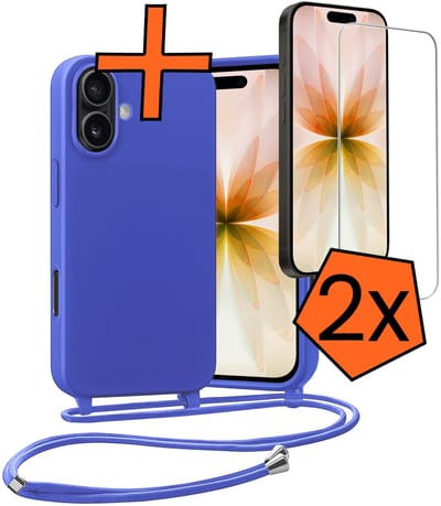 Hoesje Geschikt voor iPhone 17 Hoes Met Telefoonketting Met 2x Screenprotector - Backcover Geschikt voor iPhone 17 Case Met Koord - Felblauw