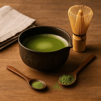 Matcha Set Kurogane – Handgemaakte Matchakom & Klopperhouder – Goudbruin Keramiek met Metaalglans – Japans Design – Chawan & Kusenaoshi – Theeritueel