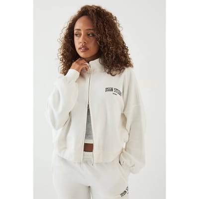 Dames Dsgn Studio Collegiate Bedrukte Bomber Sweatshirt Met Rits En Col | Cream | Maat: XS