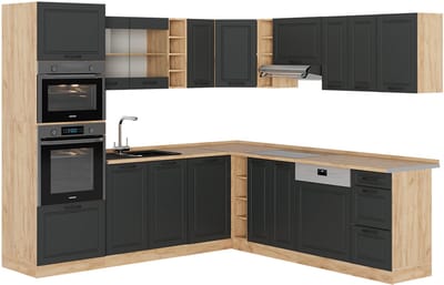 Vicco Hoekkeuken R-Line, Antraciet landhuis/Goudkleurig Eiken, 247 x 237 cm, WB Eik