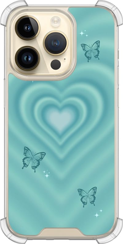 Shockproof hoesje - Geschikt voor iPhone 14 Pro - Retro hart vlinder - Extra sterke case - TPU/polycarbonaat - Print / Illustratie - Blauw, Transparant