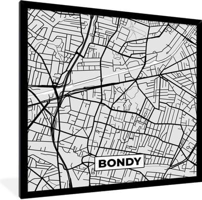 Fotolijst incl. Poster - Kaart - Frankrijk - Stadskaart - Plattegrond - Bondy - 40x40 cm - Posterlijst