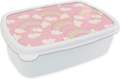 Broodtrommel Wit - Lunchbox - Brooddoos - Regenboog - Wolken - Patronen - 18x12x6 cm - Volwassenen