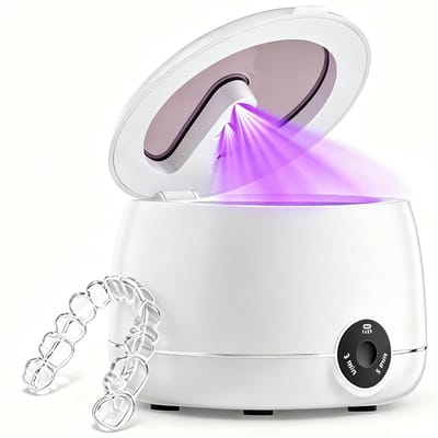 Ultrasone Reiniger voor Retainers – Reinigingsapparaat voor Kunstgebitten & Invisalign – 45 kHz UV-reiniger verwijdert vlekken en aanslag – 3 standen – 200 ml – Geschikt voor aligners en gebitsbeschermers