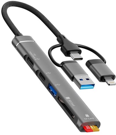 5-in-1 USB Hub - USB-C - 8-Pin - SD en Micro SD Kaartlezer - geschikt voor Lightning - voor Smartphone, Tablet en Laptop - grijs