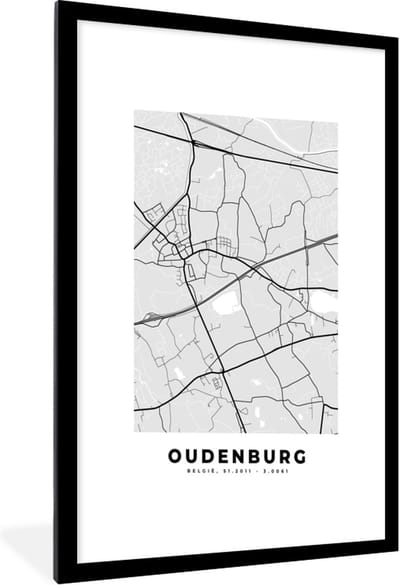 Fotolijst incl. Poster Zwart Wit- Stadskaart – Zwart Wit - Kaart – Oudenburg – België – Plattegrond - 60x90 cm - Posterlijst
