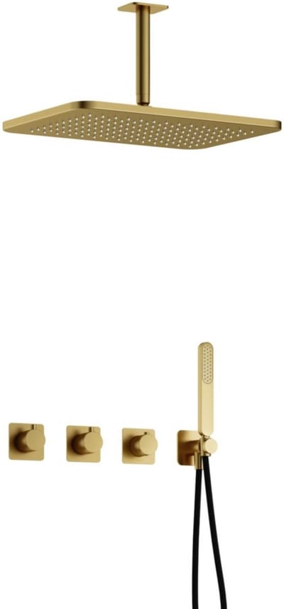 Hotbath Gal - GL106 - Inbouw Regendoucheset - Geborsteld Messing PVD - 2 Stopkranen - Thermostatisch - Plafondbuis 15 cm - Hoofddouche 270x400 mm - Staafhanddouche - met GL106 - V02
